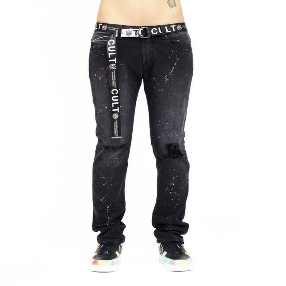 Cult of Individuality Black Paint-Splatter Skinny Jeans rocker slim 31 X 33 31”